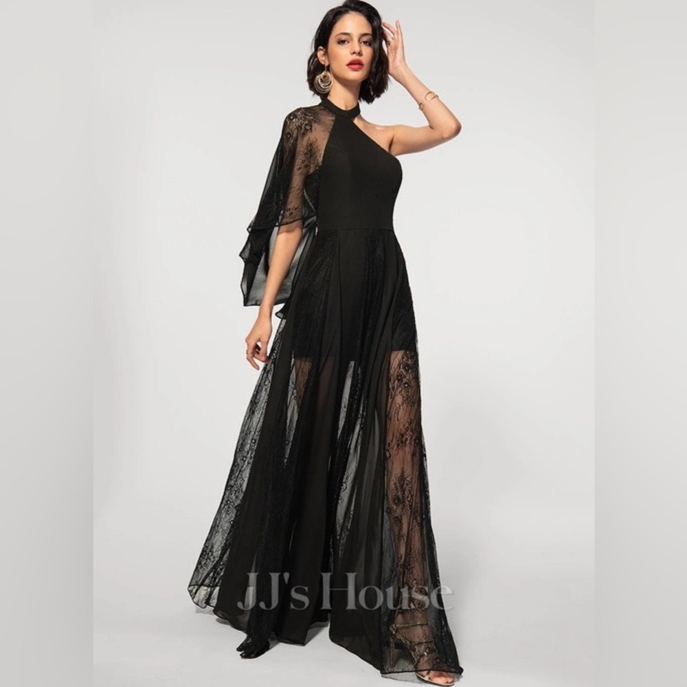 A-line One Shoulder Floor-Length Chiffon Lace Evening Dress, Size 2